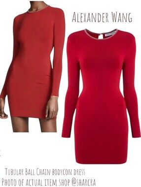 Alexander Wang Women Tubular Ball Chain Dress Red long-sleeves ribbed bodycon Xs